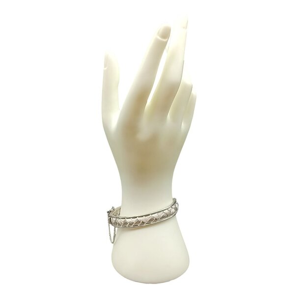 Vintage Crown Trifari Hinged Bangle Bracelet in Silver Tone with Safety Chain - Picture 1 of 5